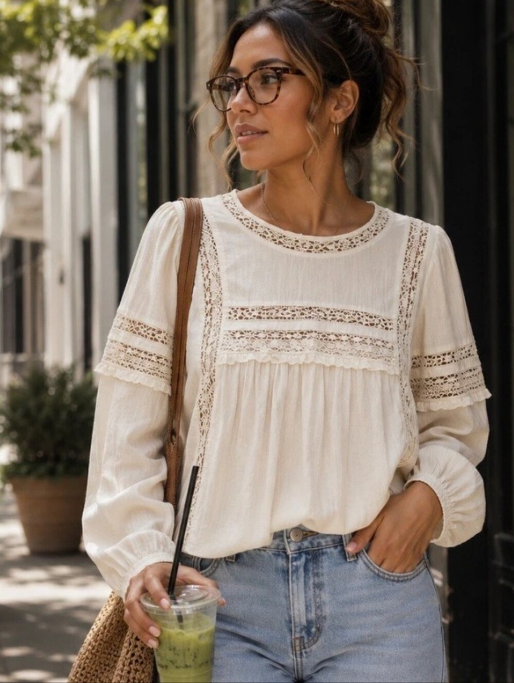 🎃EUC American Eagle 70's Inspired Long Sleeve Lace Keyhole Back Cropped Peasant